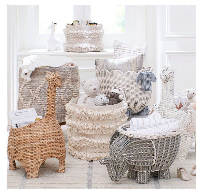 Handwoven Rattan Animal Storage Basket with Lid  Cartoon Toy Organizer & Decorative Basket for Kids Room