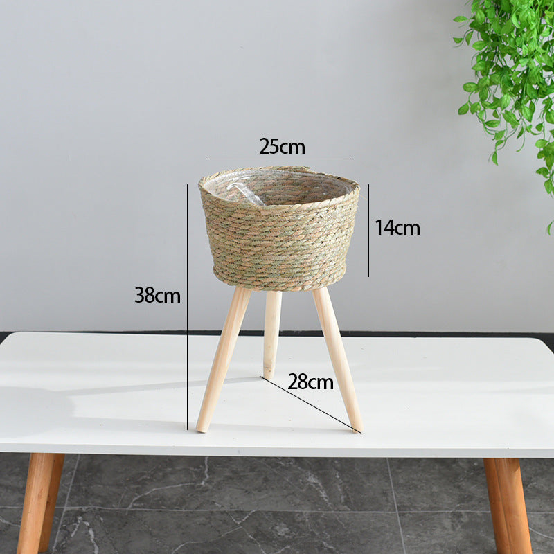 Woven Grass Planter Basket on Stand  Nordic Indoor Plant Holder for Living Room & Balcony
