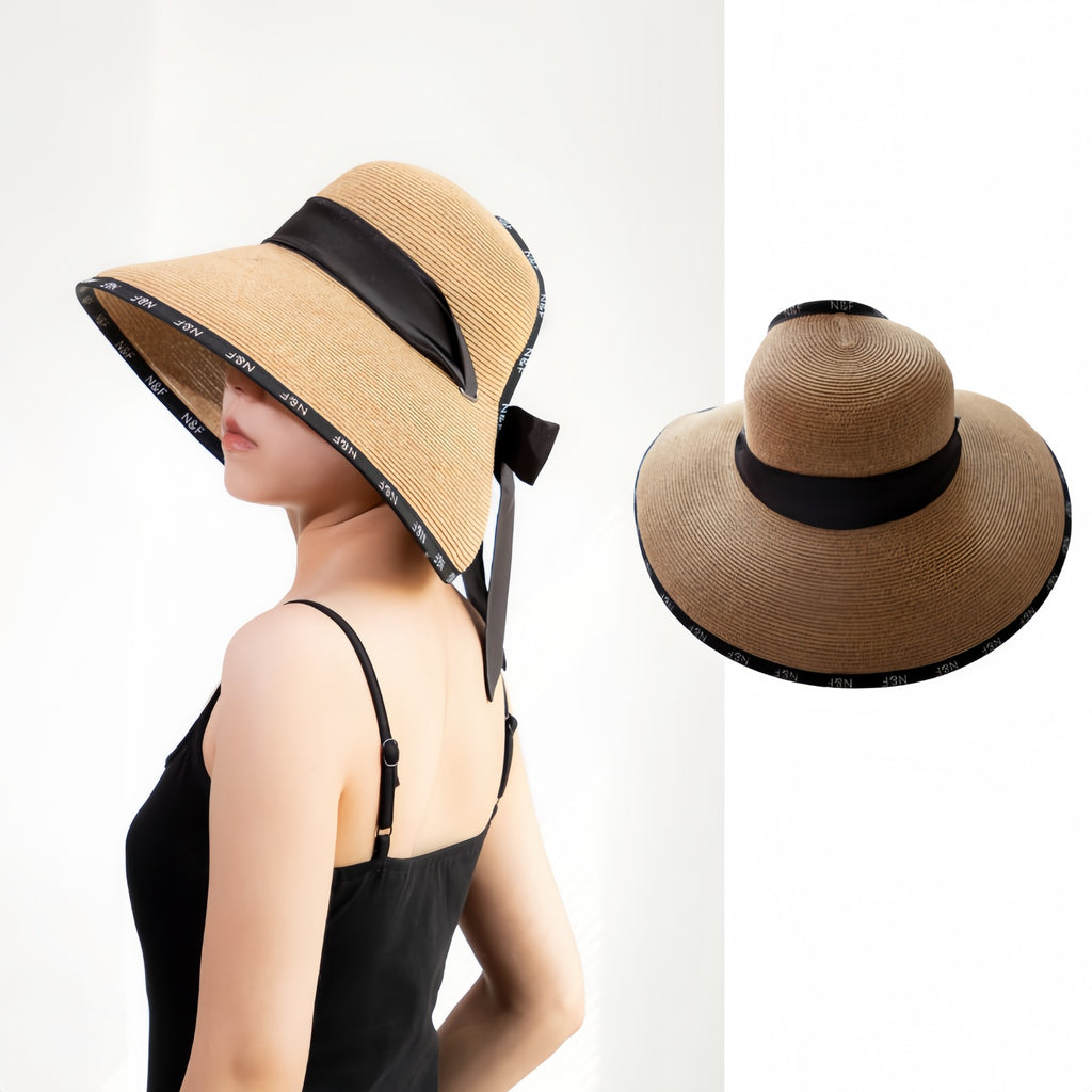 Wide Brim Lettered Straw Sun Hat for Women, Breathable Cellulose Visor, Oversized UV Shade Summer Hat