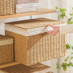 Lidded Paper Rope Woven Storage Baskets Set of 4  Closet Clothes & Misc Organizer Boxes with Washable Lining