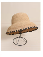 Raffia Straw Wide Brim Sun Hat for Women  Black Trim Beach Holiday Bucket Hat, 5860 cm