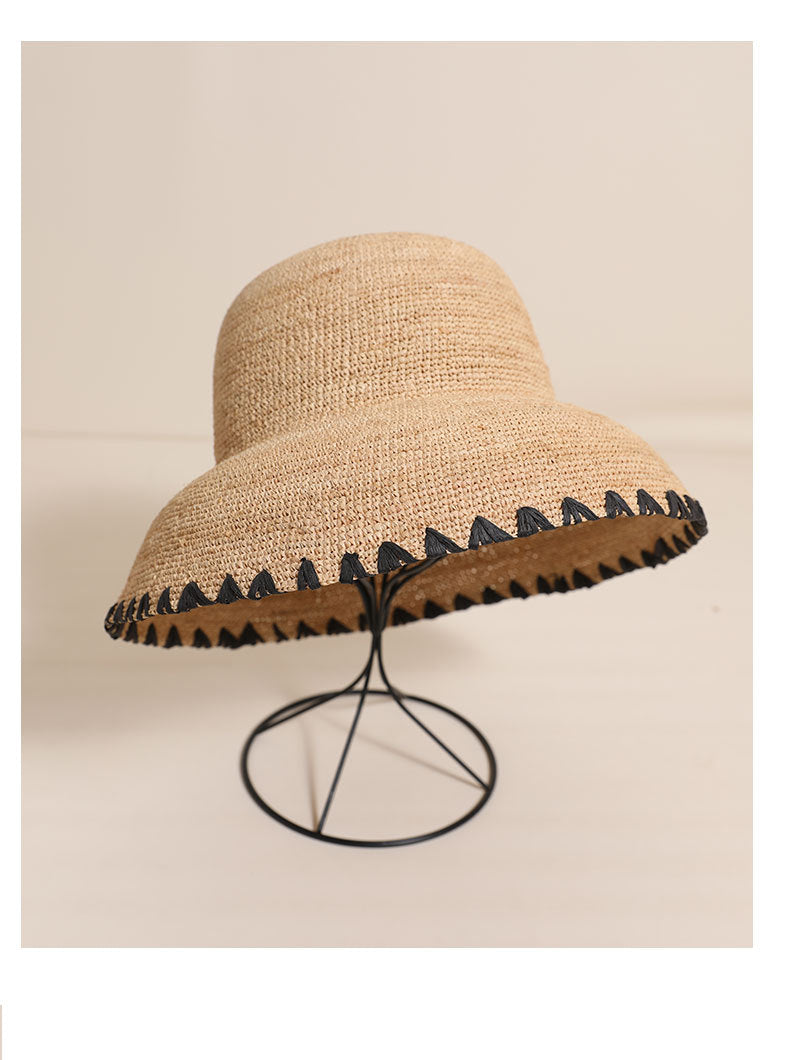 Raffia Straw Wide Brim Sun Hat for Women  Black Trim Beach Holiday Bucket Hat, 5860 cm