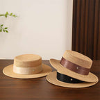 Handmade Silk Hemp Straw Hat with Ultra-Fine Crochet, Raffia Four-Leaf Clover Pendant, Flat Brim, Summer Sun Protection for Girls