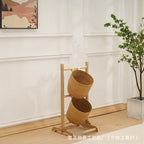 Wooden Tiered Rattan Storage Basket Stand  Handwoven Floor Organizer Rack for Living Room & Entryway