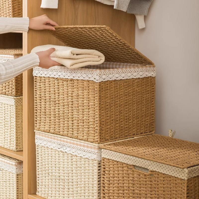 Lidded Paper Rope Woven Storage Baskets Set of 4  Closet Clothes & Misc Organizer Boxes with Washable Lining