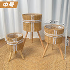 Nordic Woven Plant Stand Set with Wooden Legs  Round Wicker Planter Baskets for Indoor Living Room & Balcony
