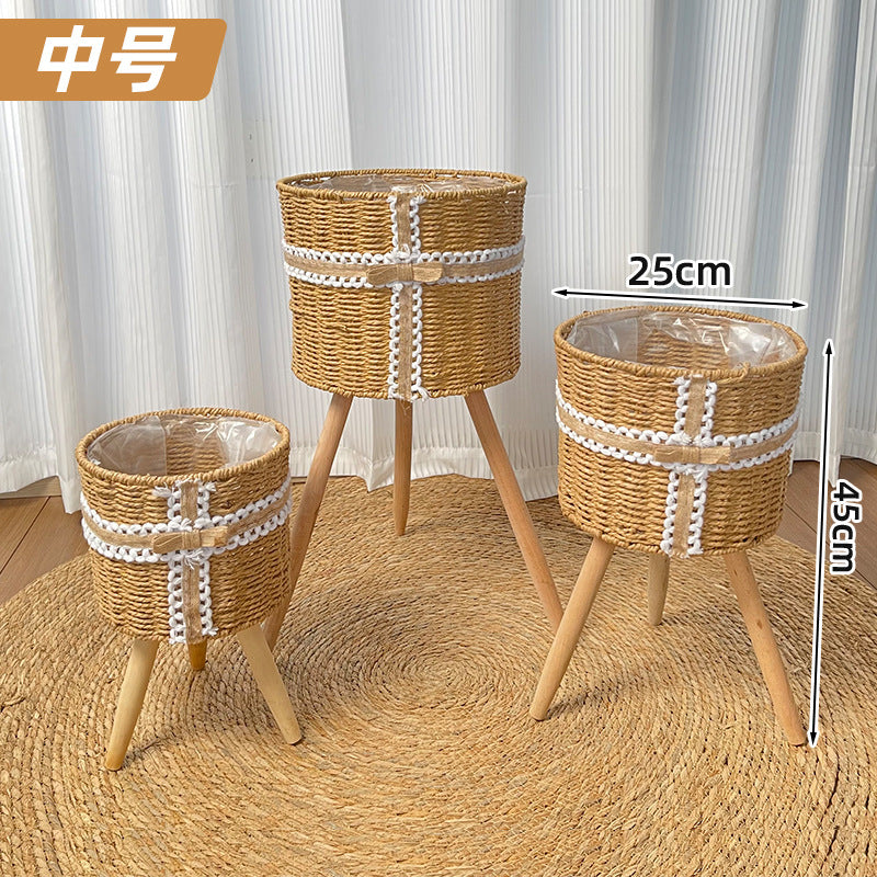 Nordic Woven Plant Stand Set with Wooden Legs  Round Wicker Planter Baskets for Indoor Living Room & Balcony