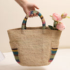 Premium Raffia Handheld Woven Bag  Large Colorful Beach Tote with External Pocket for Spring Vacation & Daily Use
