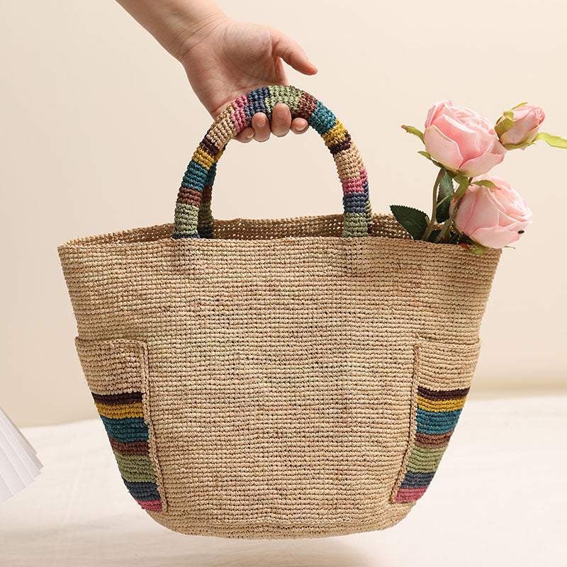 Premium Raffia Handheld Woven Bag  Large Colorful Beach Tote with External Pocket for Spring Vacation & Daily Use