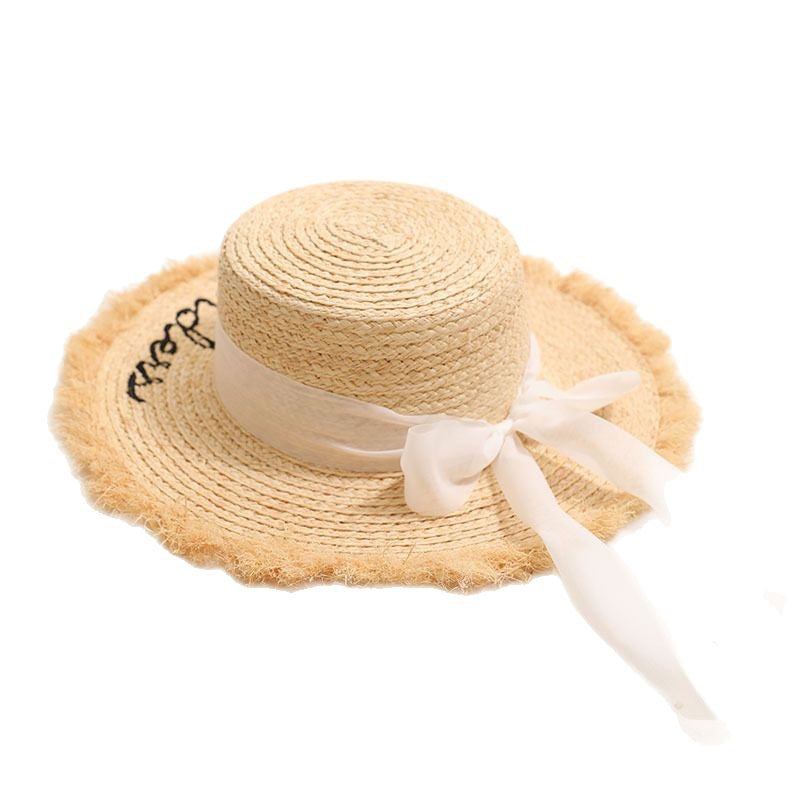 Raffia Straw Flat Top Sun Hat with Ribbon  Wide Brim Beach Vacation Hat for Women