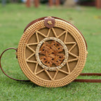 Handwoven Rattan Round Crossbody Bag with Chinese Knot Detail – Mini Wicker Basket Bag (20 × 8 cm)