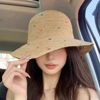 Raffia Straw Wide Brim Sun Hat  Color Dot Foldable Beach Hat for Women, Summer Vacation UPF Shade