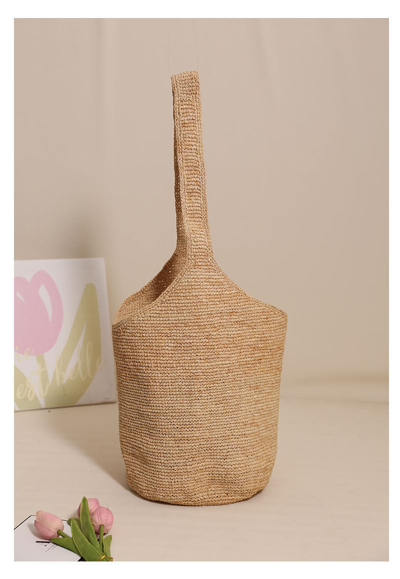 Raffia Straw Bucket Shoulder Bag  Medium Open-Top Woven Tote, Single-Strap Summer Carryall for Daily & Beach Outfits