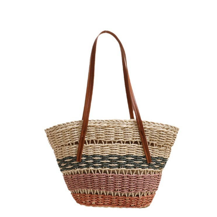 Color Block Woven Shoulder Basket Bag  Medium Capacity Striped Paper Straw Tote for Everyday Use Main image