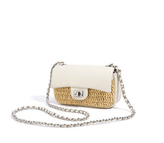 Mini Leather Straw Crossbody Bag  Colorblock Woven Chain Shoulder Bag for Spring Summer