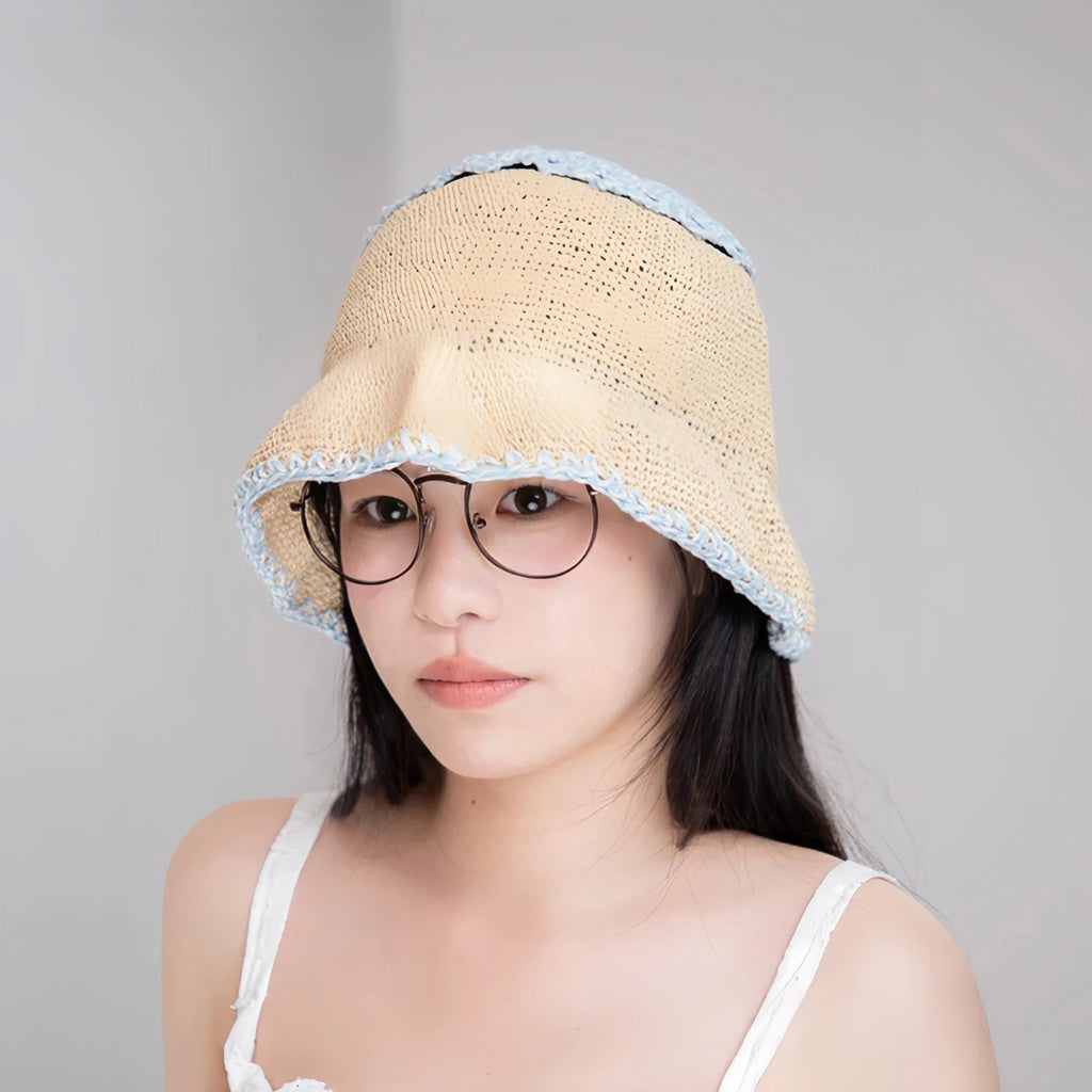 Korean Sweet Short Brim Straw Bucket Hat for Women, Handwoven Plant Fiber Sun Hat 5658cm