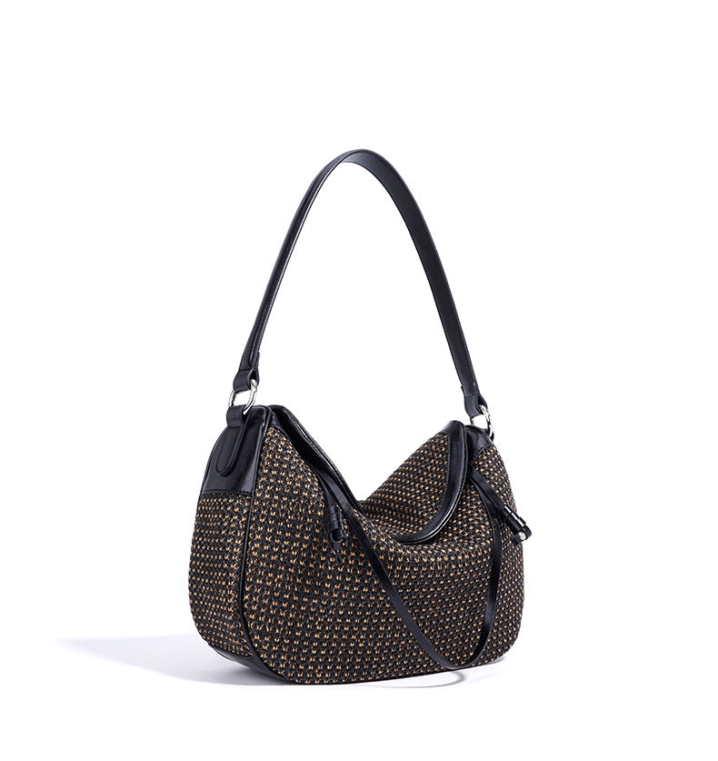 PP Straw Woven Hobo Shoulder Bag  Microfiber Leather Slouchy Crossbody, Medium Dumpling Shape Everyday Handbag