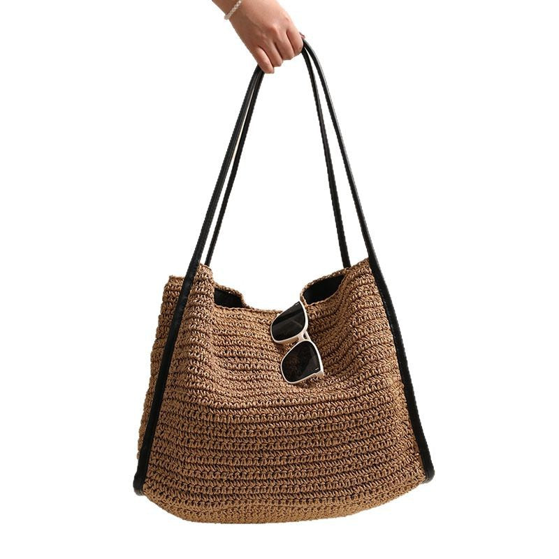 French-Style Woven Paper Shoulder Bag  Minimalist Solid Color Medium Tote for Spring Travel & Daily Outfits