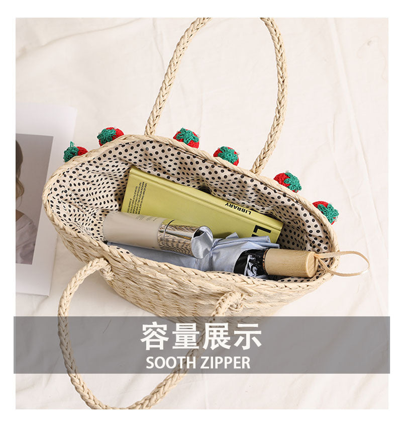 Cute Strawberry Woven Tote Basket  Handcrafted Paper Straw Shoulder Bag with Drawstring, Medium Daily & Beach Carry Bag