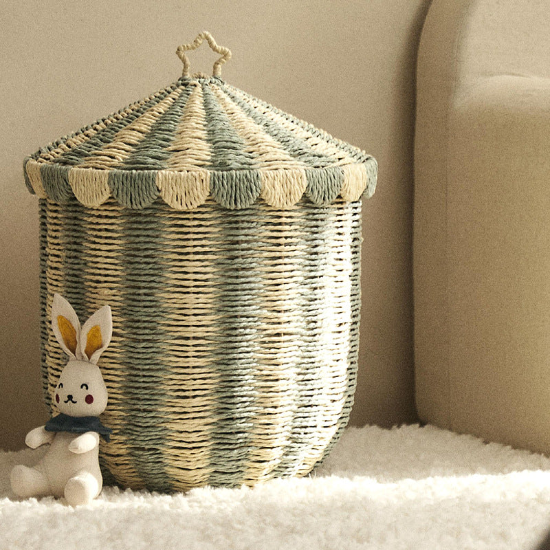 Circus Stripe Woven Laundry Basket with Lid – Paper Rope Toy & Clothes Storage Bin for Nursery, Kids’ Room & Laundry, 2 Sizes