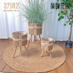 Nordic Woven Plant Stand Set with Wooden Legs  Round Wicker Planter Baskets for Indoor Living Room & Balcony