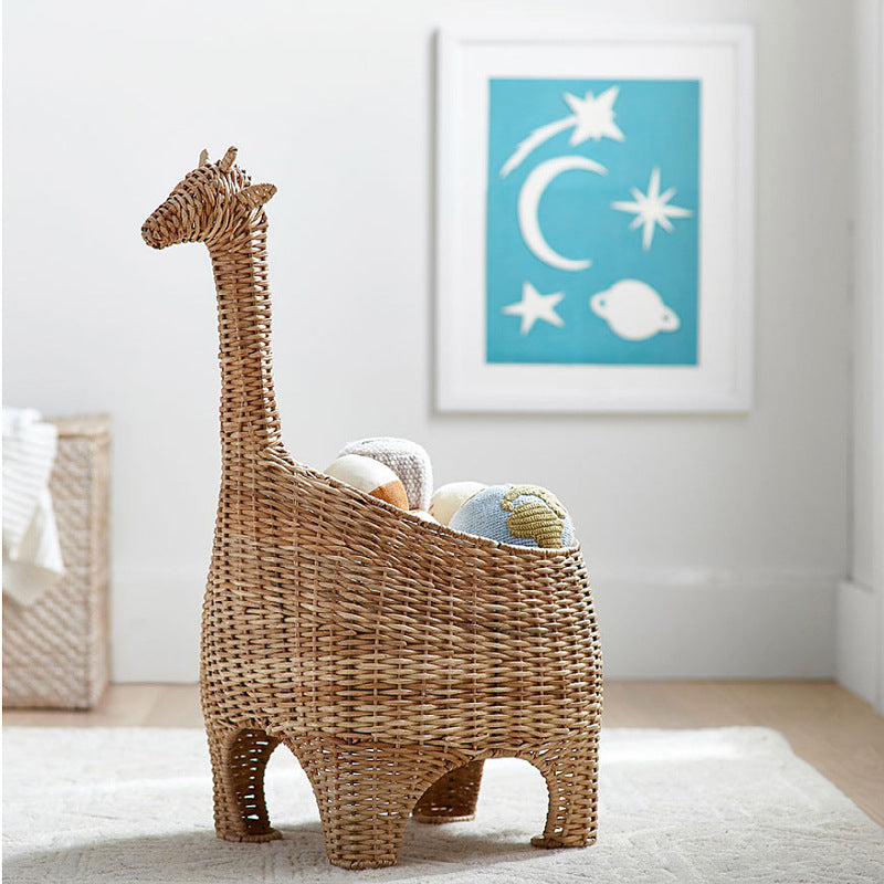 Handwoven Rattan Animal Storage Basket with Lid  Cartoon Toy Organizer & Decorative Basket for Kids Room
