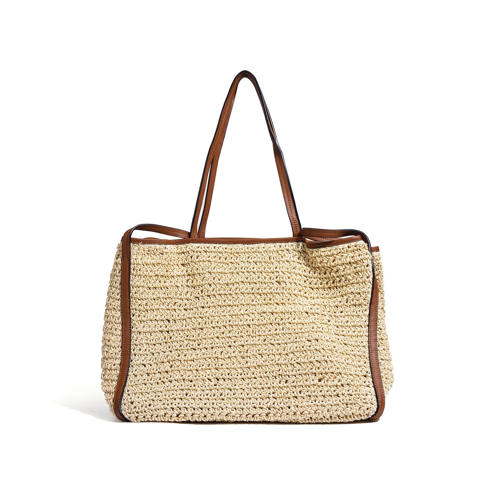 Leather Raffia Straw Tote Bag  Large Woven Shoulder & Crossbody Handbag with Lock Closure, Classic Everyday Work Bag