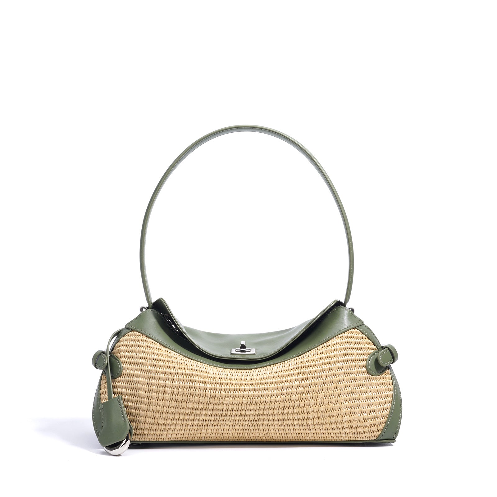 Leather & Straw Shoulder Bag  Soft Cowhide and Woven Underarm Crossbody, Medium Zipper Beach & City Tote