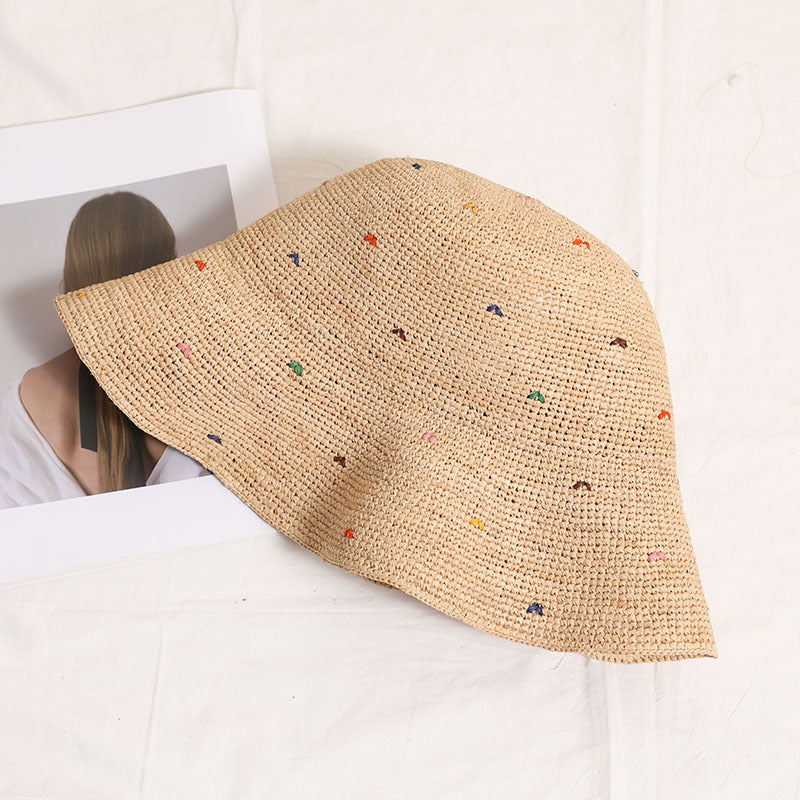 Raffia Straw Wide Brim Sun Hat  Color Dot Foldable Beach Hat for Women, Summer Vacation UPF Shade