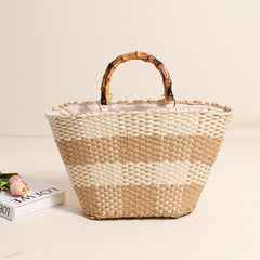 Elegant Grid Woven Top Handle Tote Bag  Bamboo Style Handle Straw-Look Beach Handbag