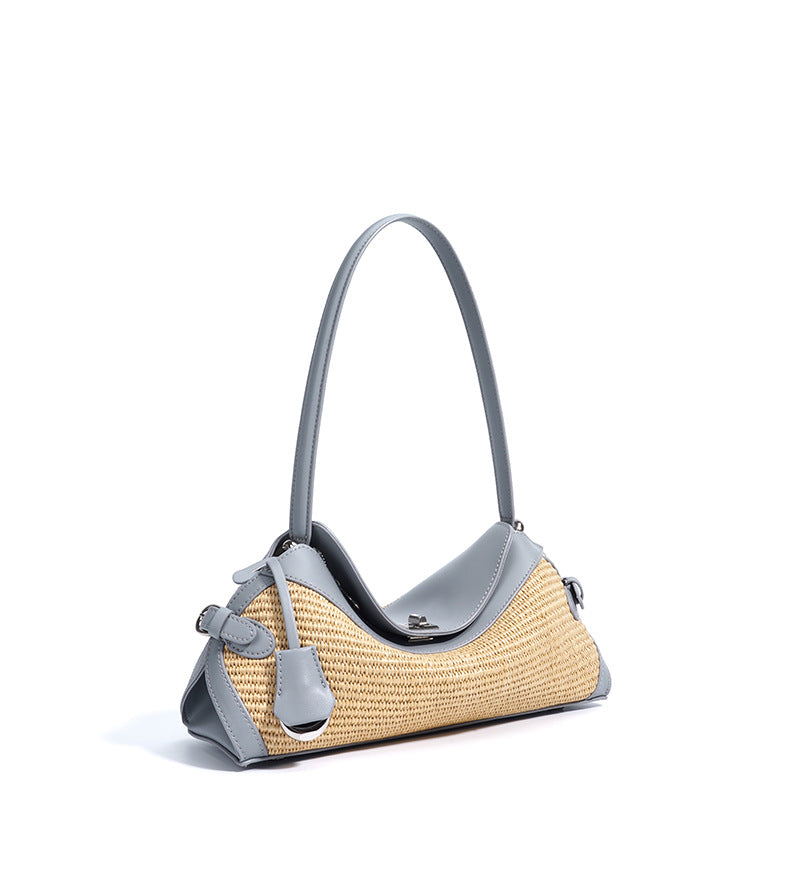 Leather & Straw Shoulder Bag  Soft Cowhide and Woven Underarm Crossbody, Medium Zipper Beach & City Tote