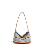 Rainbow Leather & Straw Shoulder Bag  Small and Large Woven Hobo with Zipper, PP Straw and Split Cowhide Crossbody