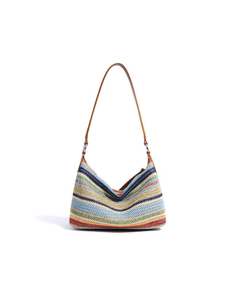 Rainbow Leather & Straw Shoulder Bag  Small and Large Woven Hobo with Zipper, PP Straw and Split Cowhide Crossbody