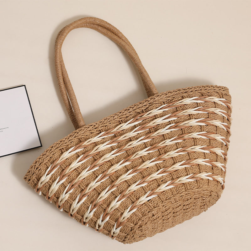 Forest Style Woven Straw Shoulder Bag  Large Capacity Beach Vacation Tote