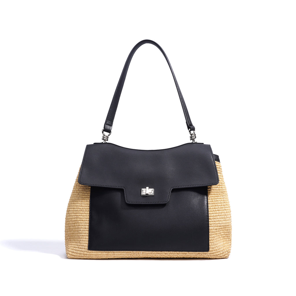 Leather Raffia Straw Tote Bag  Large Woven Shoulder & Crossbody Handbag with Lock Closure for Work and Casual