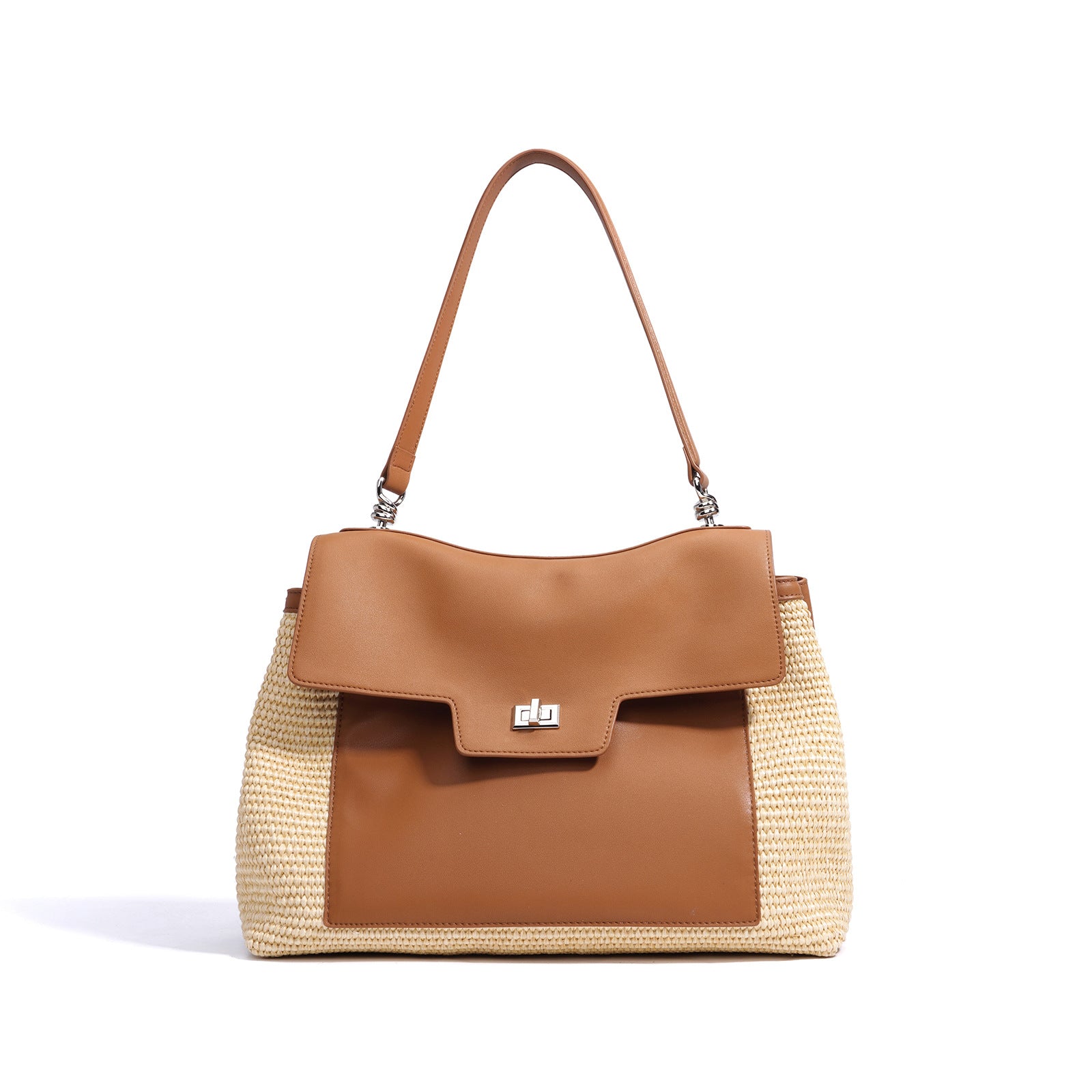 Leather Raffia Straw Tote Bag  Large Woven Shoulder & Crossbody Handbag with Lock Closure for Work and Casual