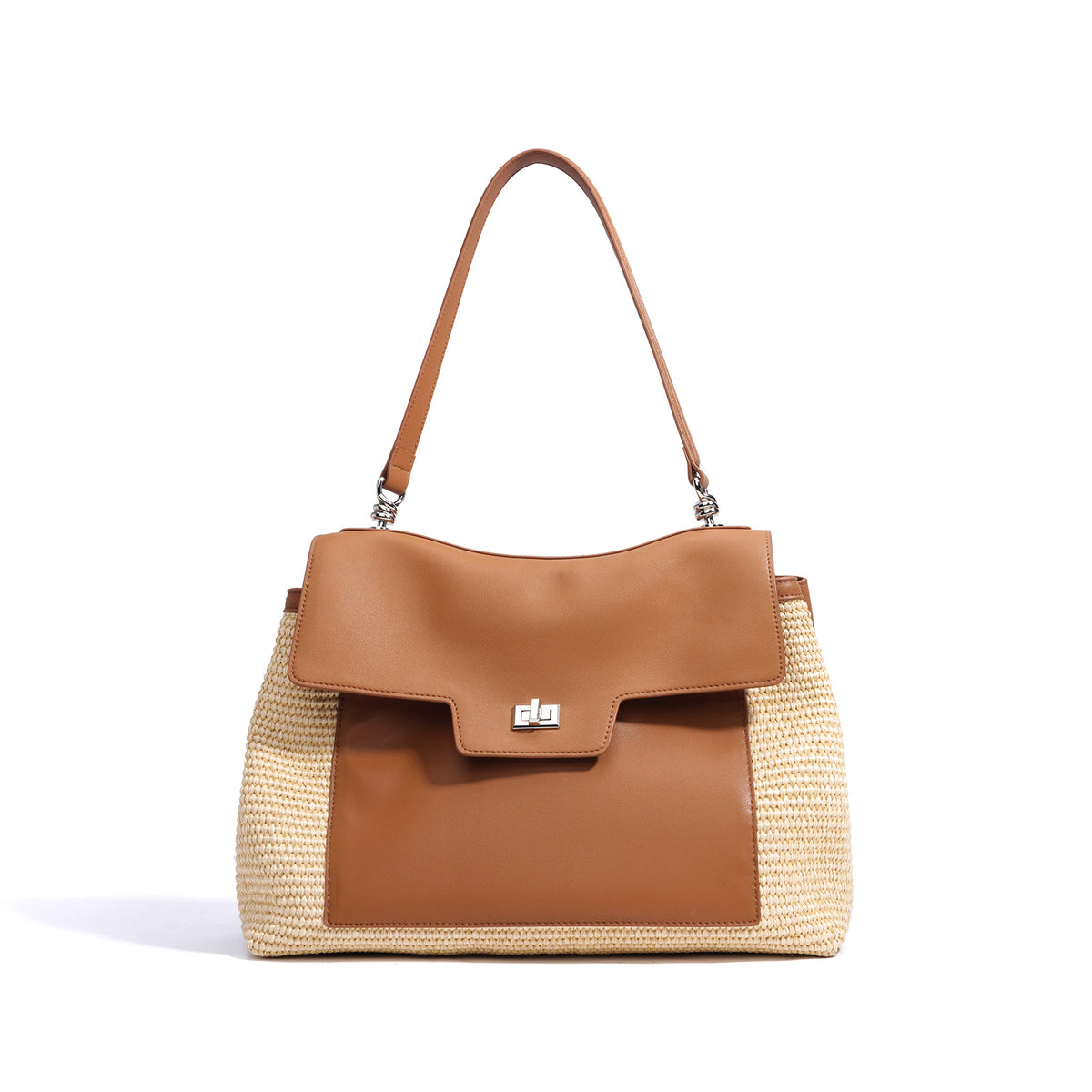 Leather Raffia Straw Tote Bag  Large Woven Shoulder & Crossbody Handbag with Lock Closure for Work and Casual