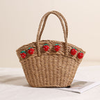 Cute Strawberry Woven Tote Basket  Handcrafted Paper Straw Shoulder Bag with Drawstring, Medium Daily & Beach Carry Bag