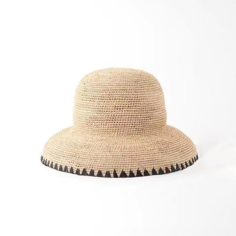 Raffia Straw Wide Brim Sun Hat for Women  Black Trim Beach Holiday Bucket Hat, 5860 cm