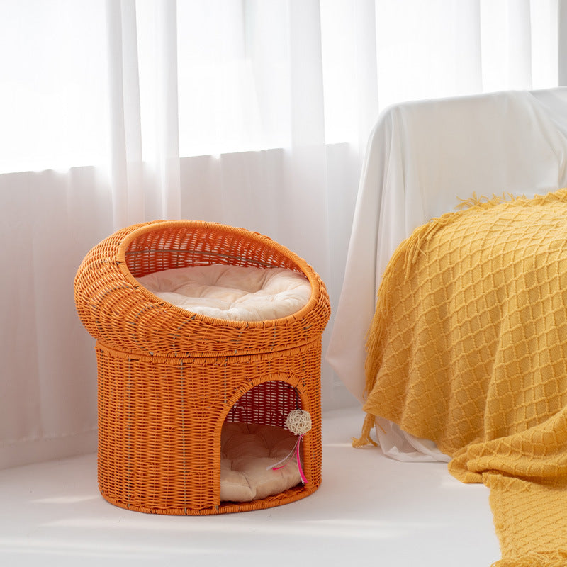 Breathable Woven Double-Layer Cat House with Cushion  All-Season Semi-Enclosed PP Rattan Pet Bed
