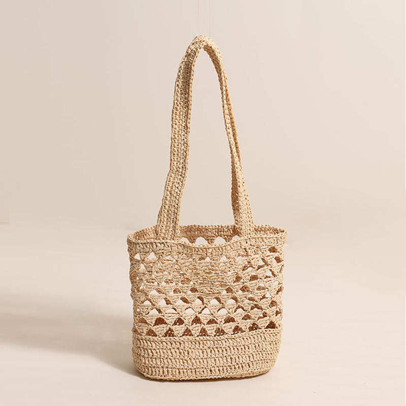 Raffia Straw Shoulder Bag  Minimal Solid-Color Hollow Woven Tote, Medium Open-Top Beach & Daily Handbag