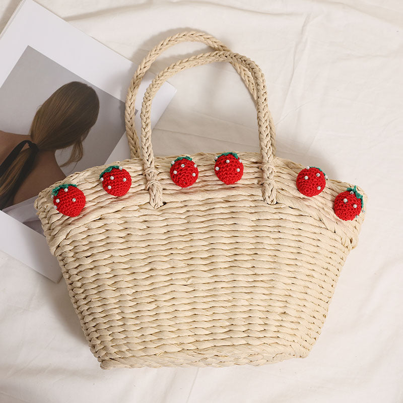 Cute Strawberry Woven Tote Basket  Handcrafted Paper Straw Shoulder Bag with Drawstring, Medium Daily & Beach Carry Bag