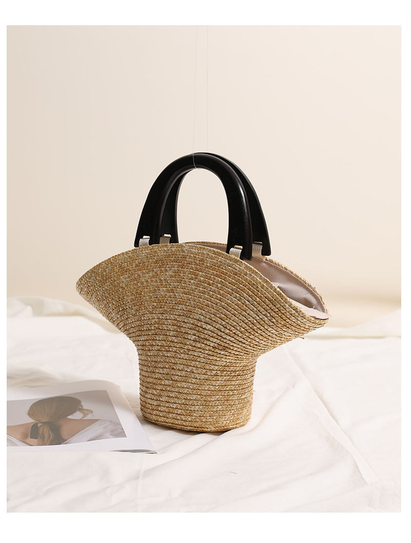 Wood Handle Straw Barrel Bag  Hat-Shape Woven Shoulder Handbag for Vacation Beach & Everyday Outfits