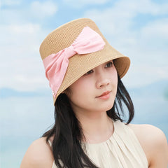 French Vintage Short Brim Straw Bucket Hat for Women, Summer Plant Fiber Sun Hat with Bow, 5658cm