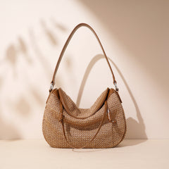 PP Straw Woven Hobo Shoulder Bag  Microfiber Leather Slouchy Crossbody, Medium Dumpling Shape Everyday Handbag