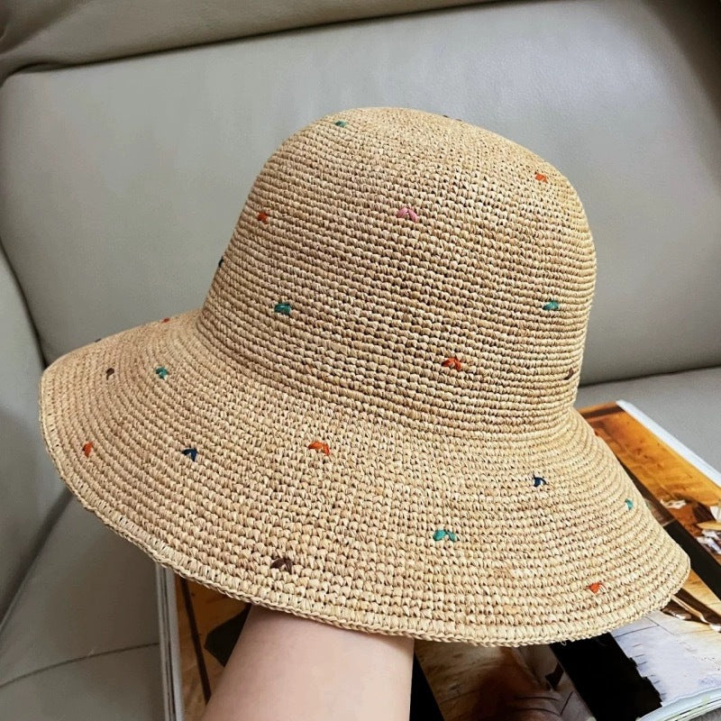 Raffia Straw Wide Brim Sun Hat  Color Dot Foldable Beach Hat for Women, Summer Vacation UPF Shade