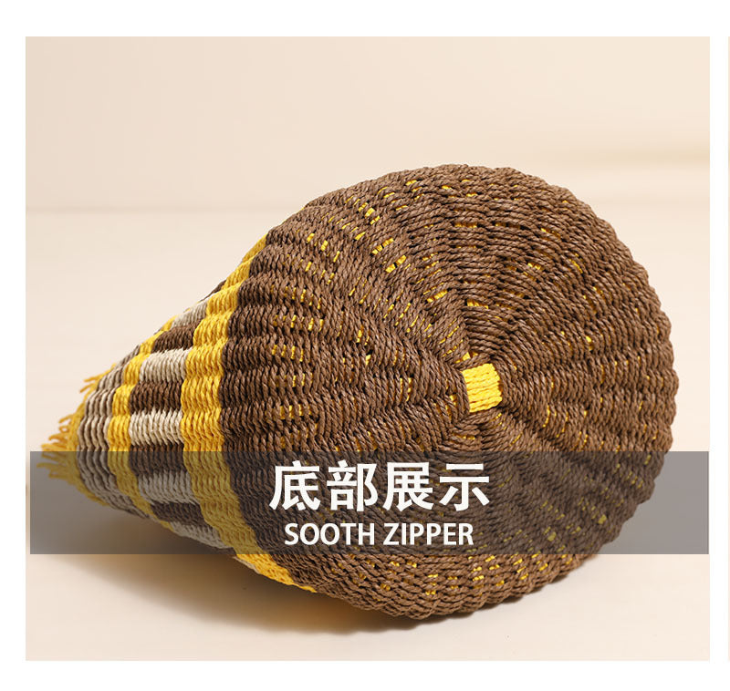 Cute Wooden Bead Straw Bucket Bag  Frayed Edge Paper Woven Handbag with Drawstring, Medium Beach & Holiday Tote