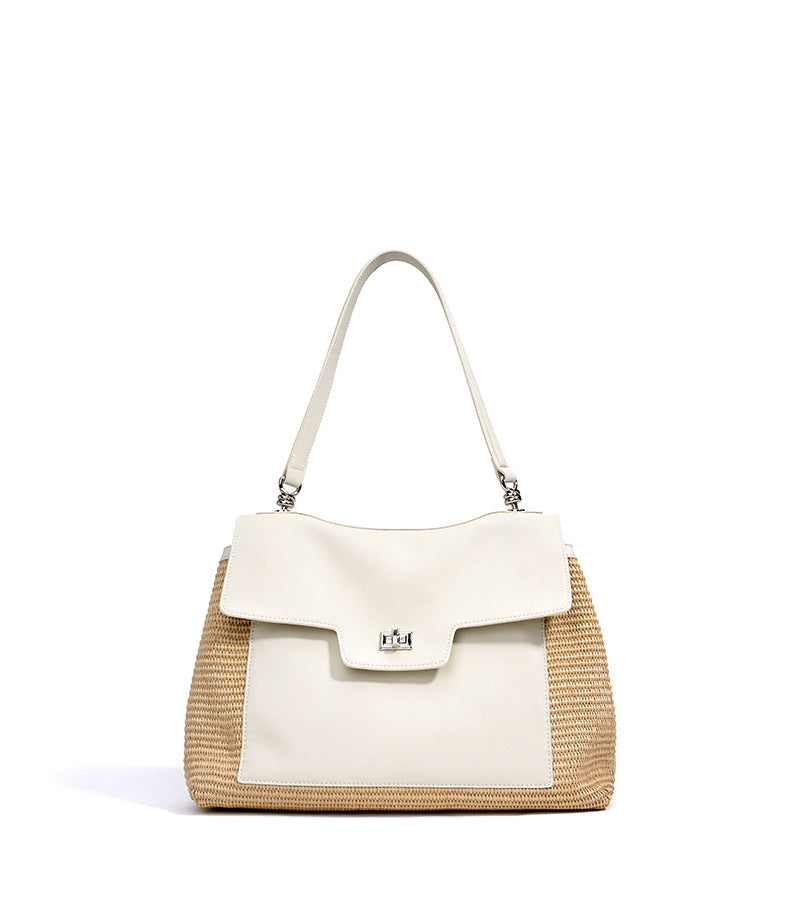Leather Raffia Straw Tote Bag  Large Woven Shoulder & Crossbody Handbag with Lock Closure for Work and Casual