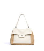 Leather Raffia Straw Tote Bag  Large Woven Shoulder & Crossbody Handbag with Lock Closure for Work and Casual