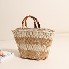 Elegant Grid Woven Top Handle Tote Bag  Bamboo Style Handle Straw-Look Beach Handbag